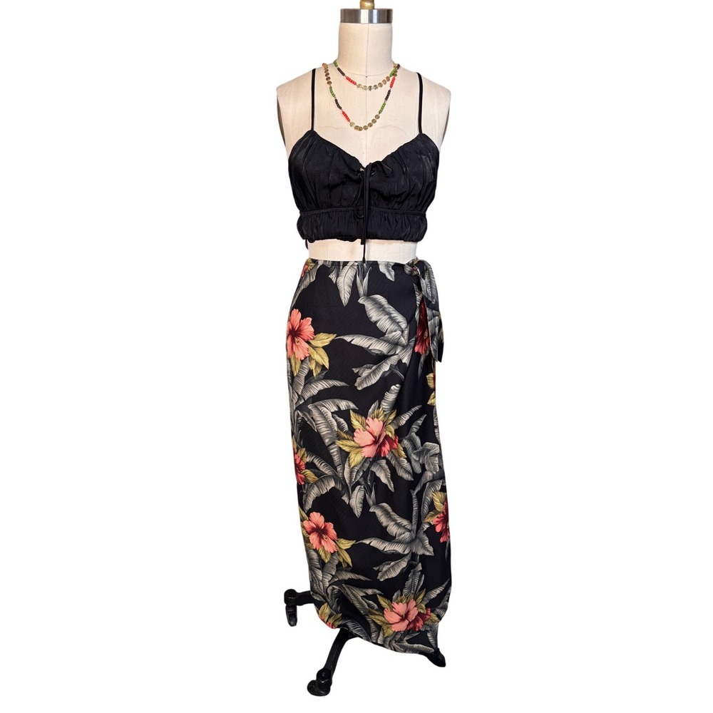 Tommy Bahama Black Tropical Hibiscus Maxi Wrap Silk Wool Skirt
